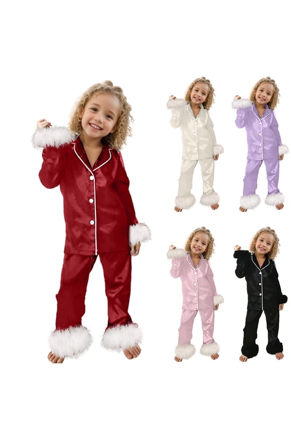 Toddler Girls Boys Satin Silk Pajamas Solid Color Button Down 2 Pieces Pj Set Kids Girls' Nightgown with Furry Cuff Long Sleeve Loungewear Sleepwear Clothes Black 3-4Y (3Y)