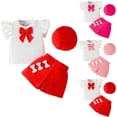 thumbnail image 1 of Dakiuu Toddler Girls Spring Summer Clothes Bow Rib Ruffle Short Sleeve T-Shirt Tops Bowknot Shorts Set with Beret 3 Pieces Outfits E-Pink 3-4 Years (4Y), 1 of 8