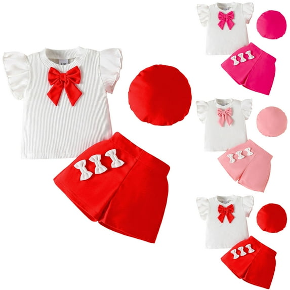 Dakiuu Toddler Girls Spring Summer Clothes Bow Rib Ruffle Short Sleeve T-Shirt Tops Bowknot Shorts Set with Beret 3 Pieces Outfits E-Pink 3-4 Years (4Y)