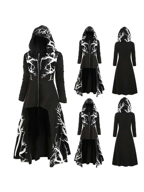Women Long Hooded High Low Cardigan Coat Halloween Gothic Print Zip Front Loose Oversized Fall Layering Outerwear
