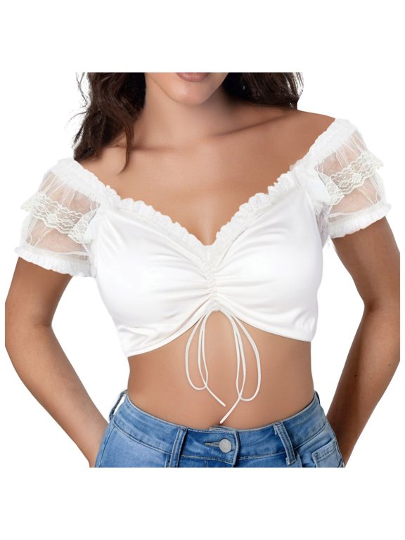 Women's German Oktoberfest Beer Festival Dirndl Sheer Floral Lace Crop Blouse off the Shoulder Ruffle Trim Hollow Mesh Short Sleeve Drawstring Bust Layering Top for Themed Party