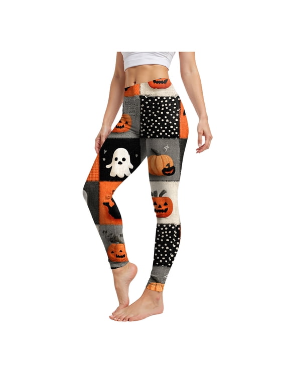 Womens Halloween Pumpkin Ghost Patchwork Print Leggings High Waist Soft Stretchy Slim Fit Yoga Pants Cute Casual Festival Athletic Bottoms