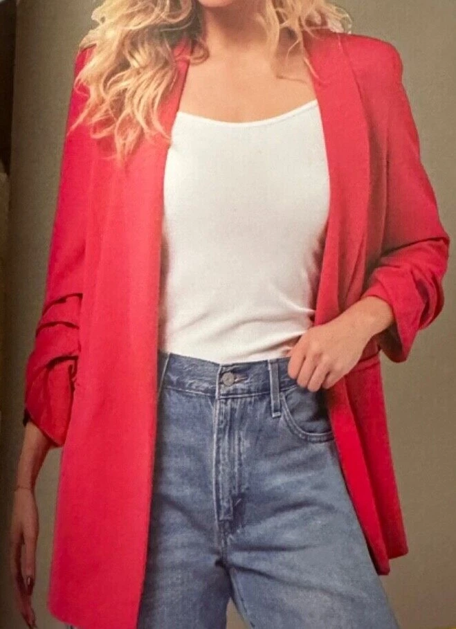 Dakota Blue 4-Way Stretch Knit Crepe Fabric, Ruched Sleeves, Open Front Blazer, Women's, Small