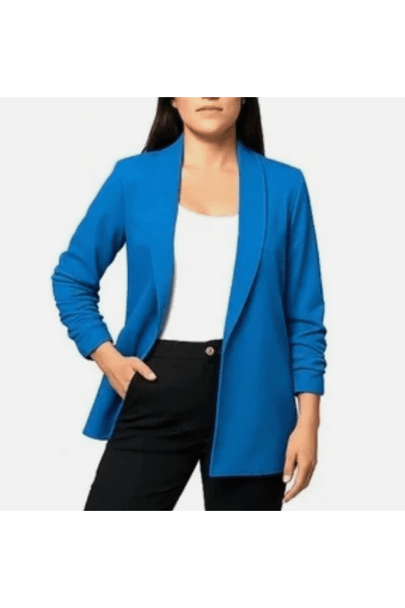 Crepe Women's Blazer, Ruched Sleeves, Blue Small