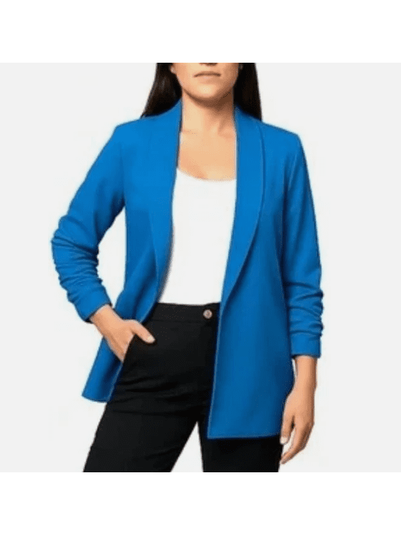Crepe Women's Blazer, Ruched Sleeves, Blue Small