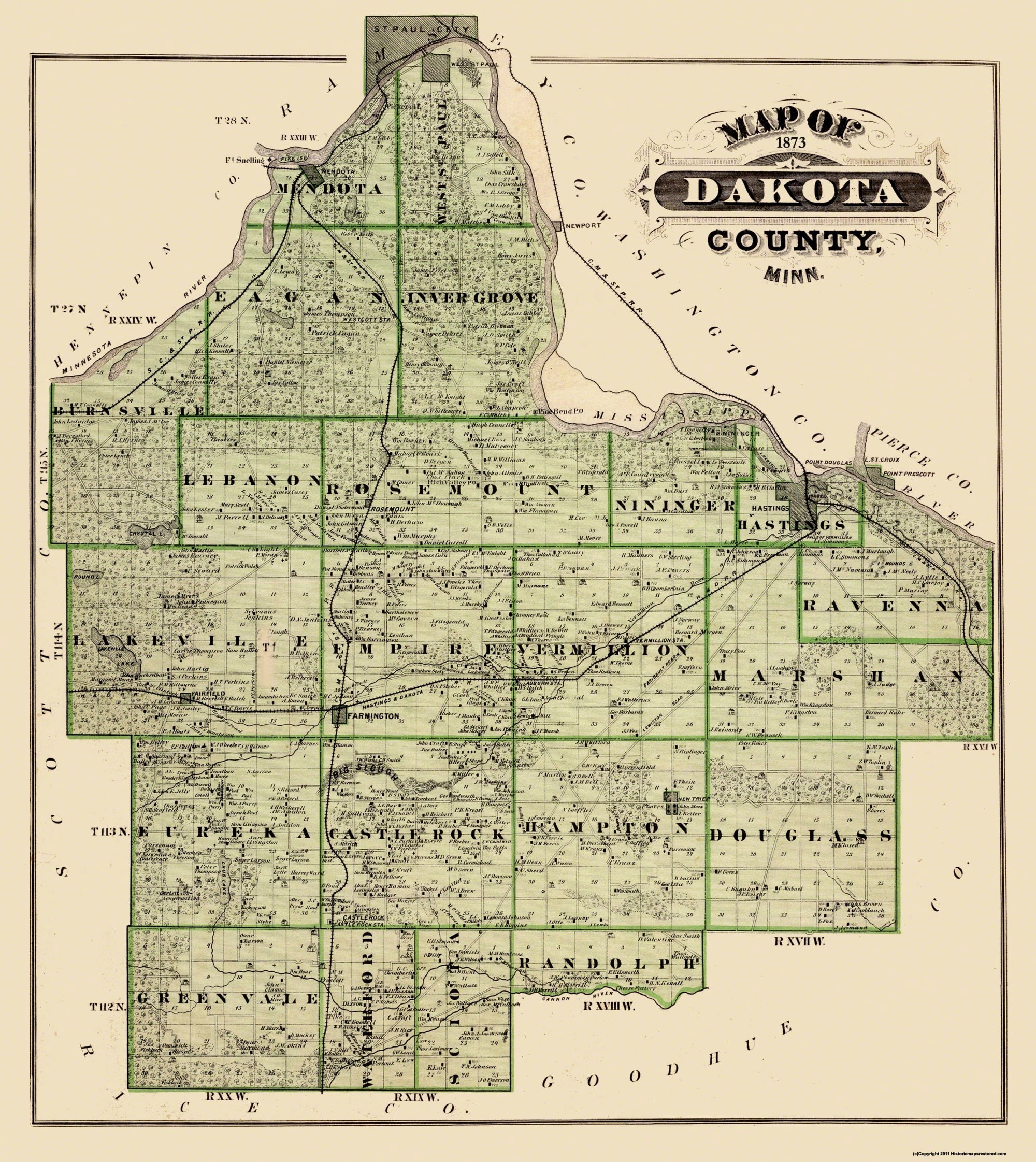 Historic County Map - Dakota County Minnesota - Andreas 1873 - 23 x 25. ...