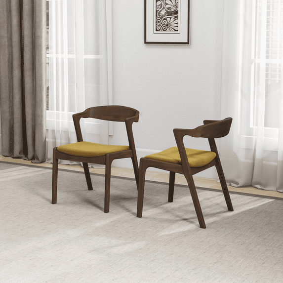 Dakota Dark Yellow Velvet Dining Chairs (Set of 2) - Solid Wood, Mid-Century Modern, Walnut Finish, 21"x19"x29", for Dining Room, Living Room
