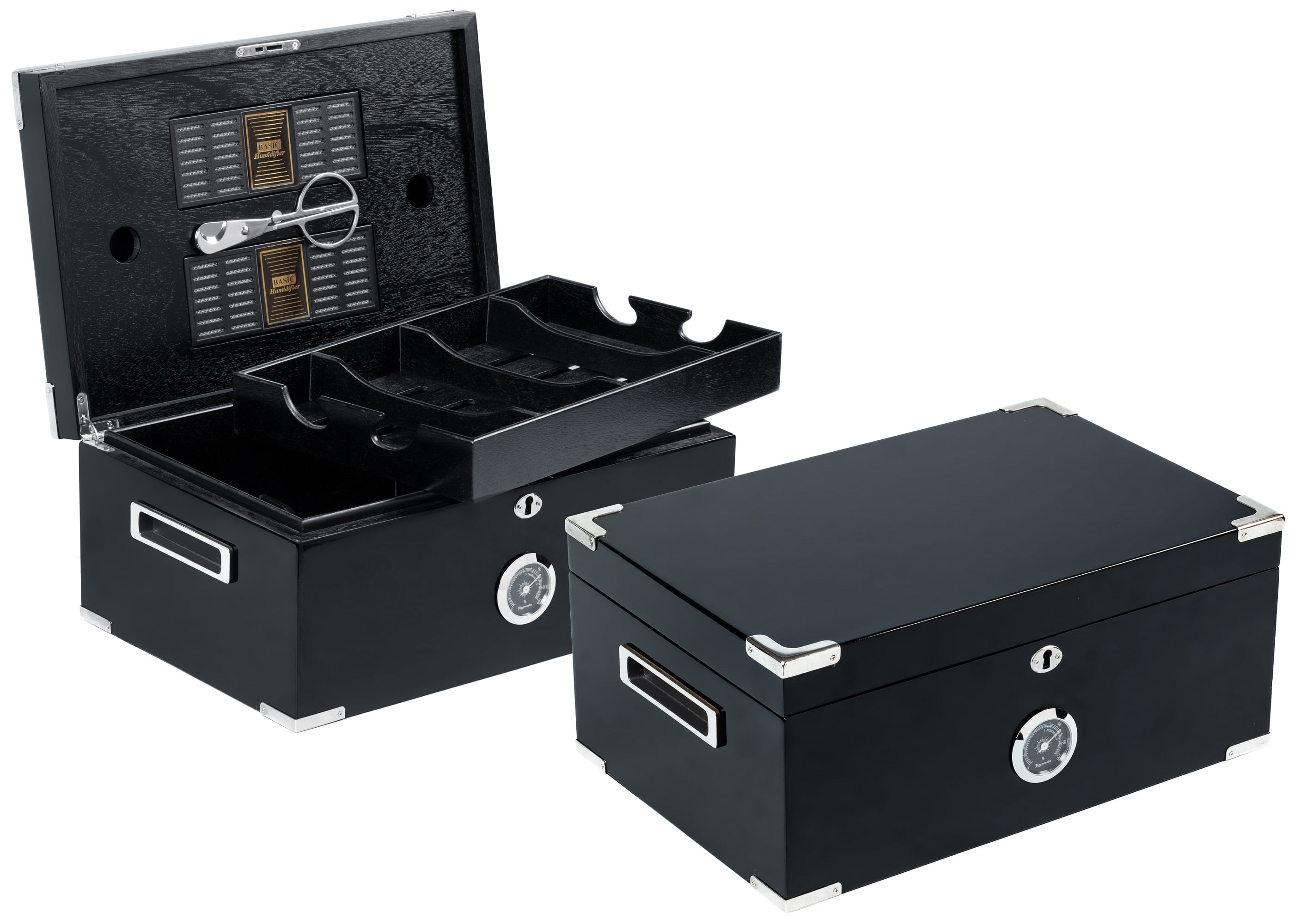 Dakota Desktop Cigar Humidor w/ Scissors - Deep Black Lacquer Finish - Capacity: 120