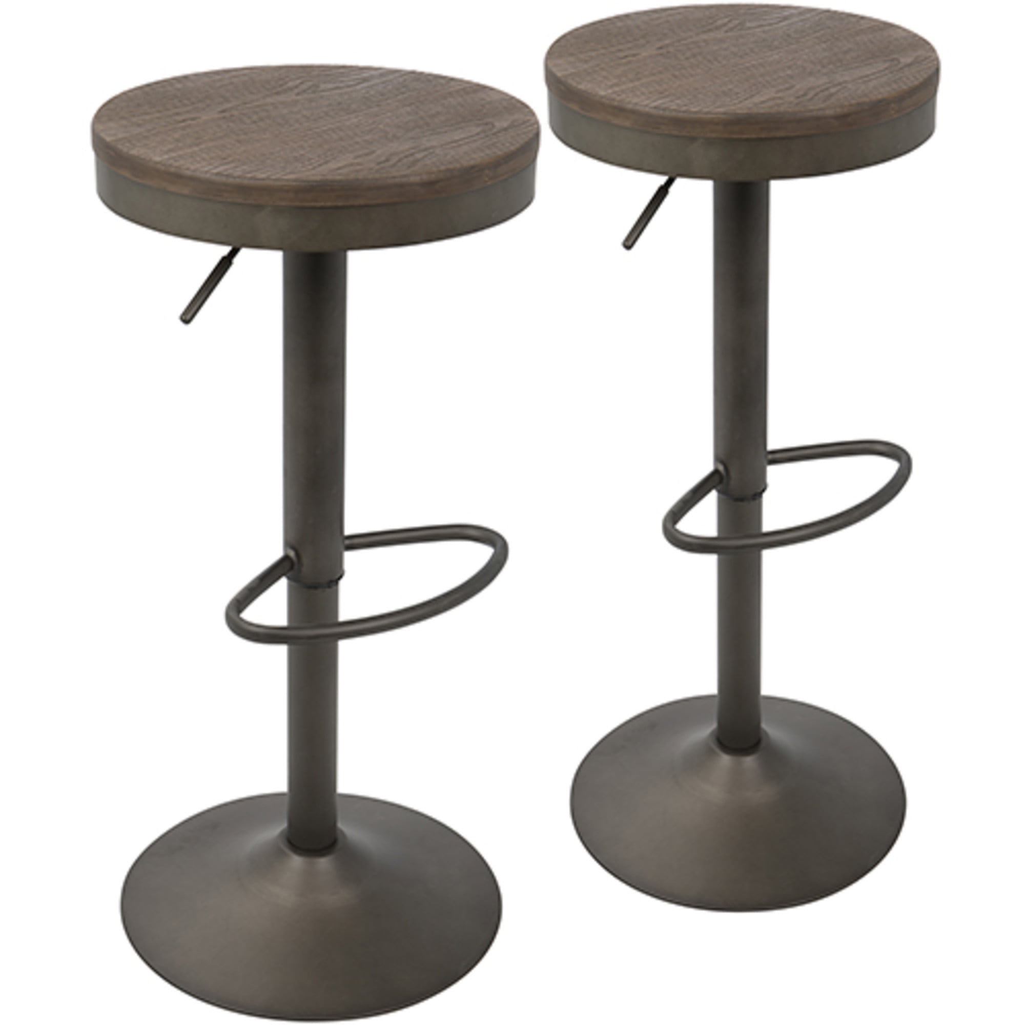 Antique Brown Adjustable Swivel Barstools with Wood Seats, Set of 2