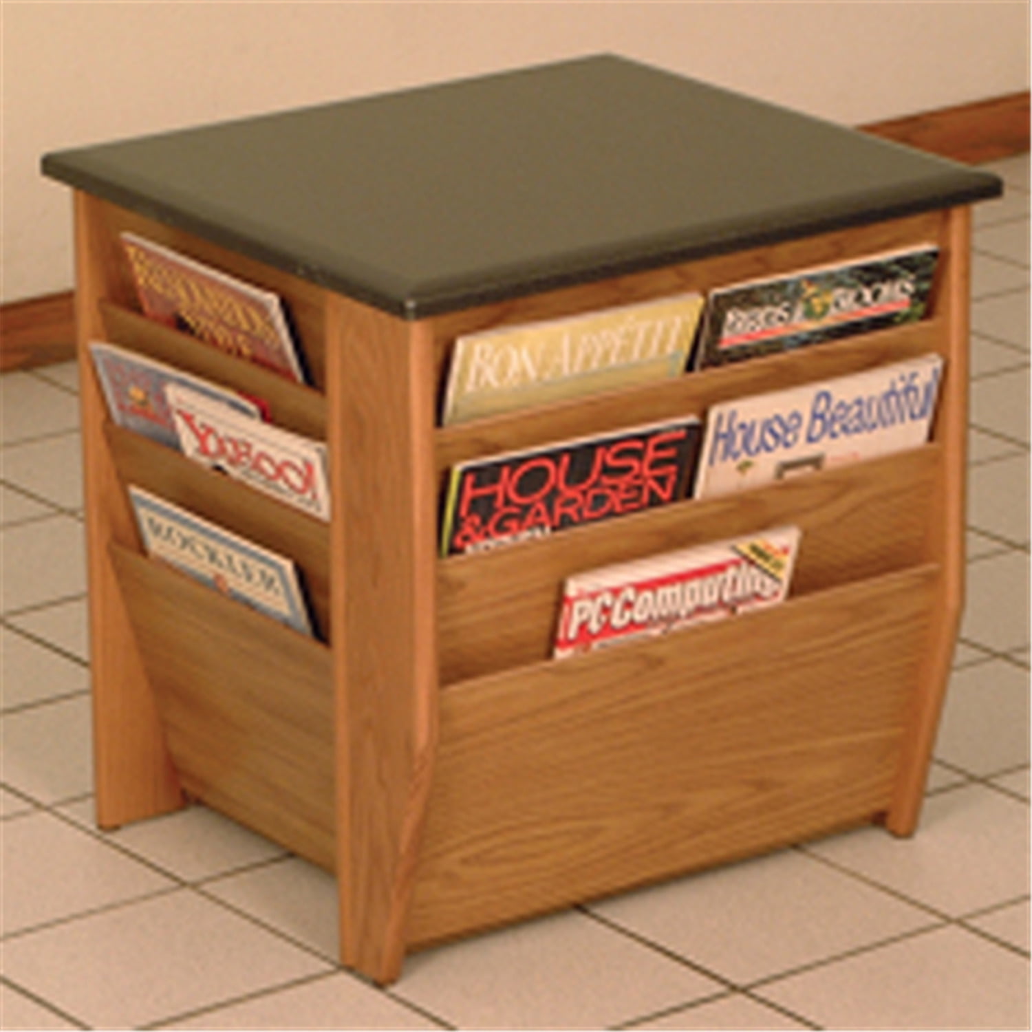 Modern Oak and Stone Rectangular End Table with Magazine Pockets