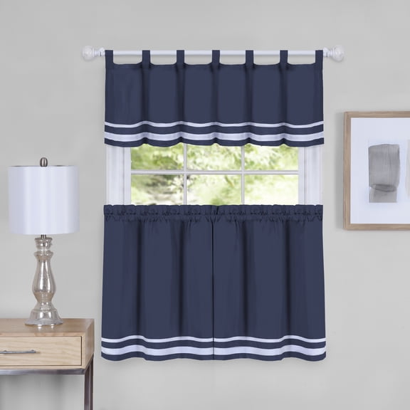 Dakota Window Kitchen Curtains 3-Piece Tier & Valance Set - 58" (W) x 24" (L) Complete Set, Navy