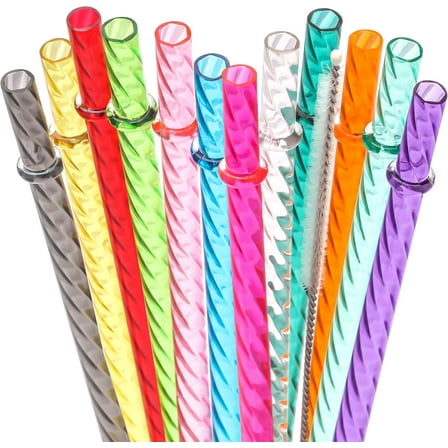 Dakoufish 8 Inch Reusable Clear Plastic Swirl Drinking Straws for 12 oz & 16 oz Mason Jar Tumblers,Set of 12 Pcs Replacement Straws with Cleaning Brush (8inch,12color)