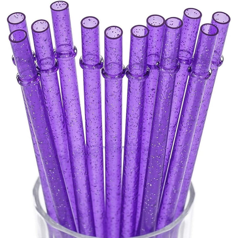 Dakoufish BPA-Free 12 Piece 11 Inch Reusable Clear Plastic Glitter Sparkle  Drinking Straw Plus one Cleaning Brush (Purple,11inch) 