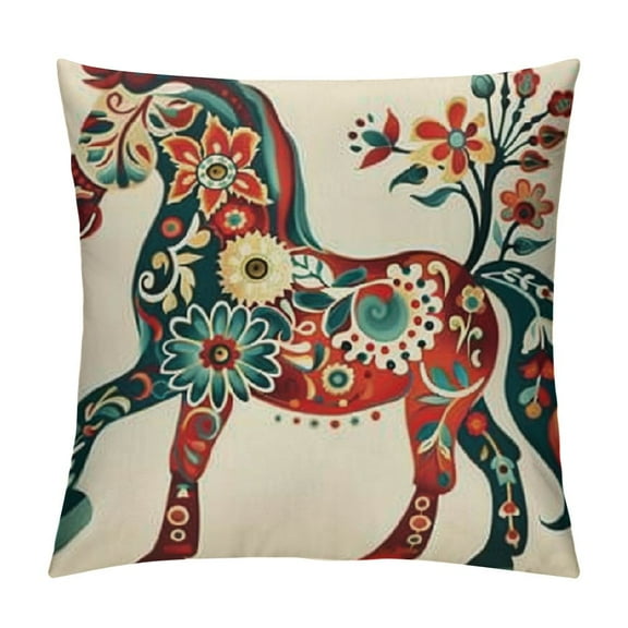 Dala Horse Rosemaling Traditional Throw Pillow