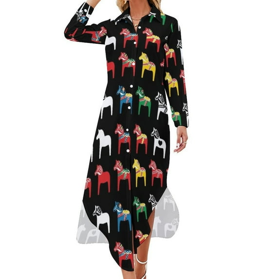 Dala Horses Dalarna Sweden Horse Dalecarlian Swedish Colorful Long Sleeved Shirt Dress luxury women's party dress evening prom