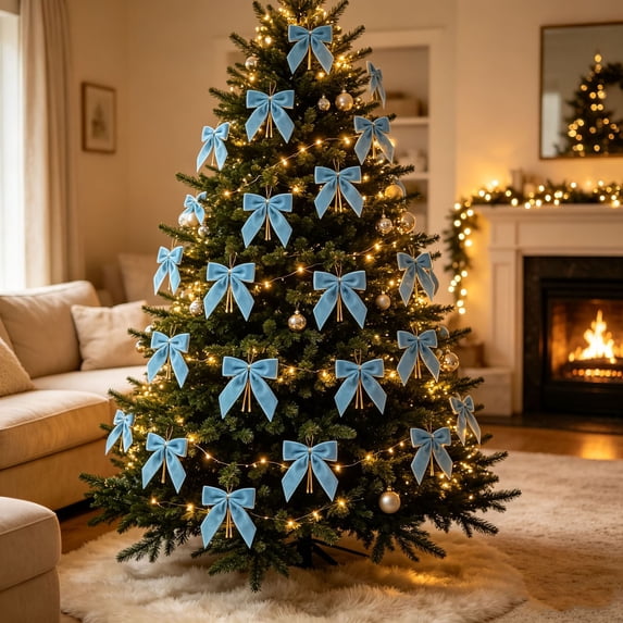 Dalang 12-Piece Velvet Christmas Wreath Bow Decoration, Luxury Ribbon Bows for Holiday Tree Wreath Garland Party Scene Decor, Sky Blue 1Set