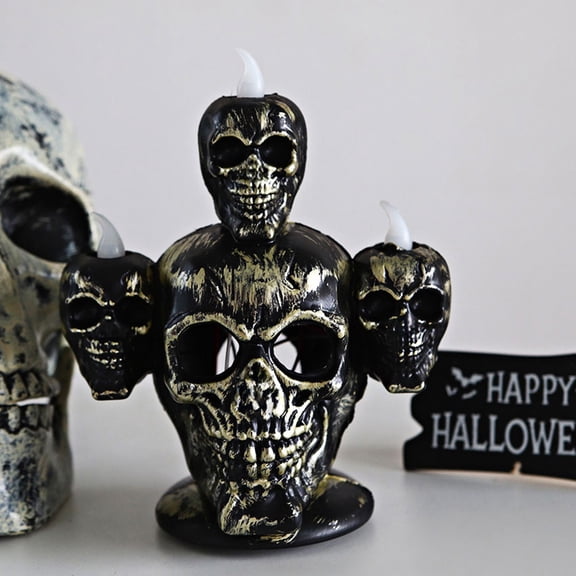 Dalang Bronze LED Skull Ghost Mask Lantern, Electronic Glowing Candle Lamp with Skeleton Base for Halloween Party Decor