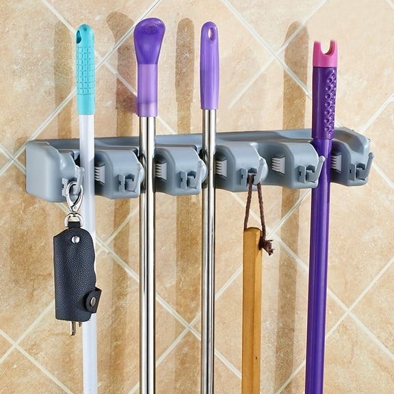 Dalang Broom Holder Wall Mount, Broom and Mop Holder Wall Mount with 6 Hooks Organizer Rack 16 inch Long Garage Tools Organizer, 1pc