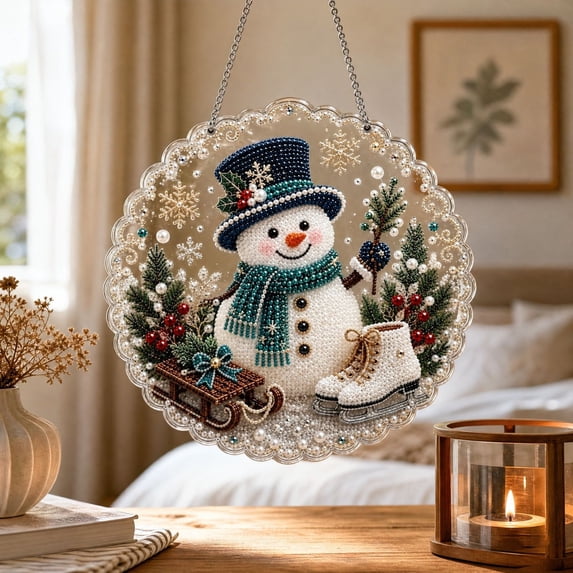 Dalang Christmas Diamond Art Wreath, Acrylic Rhinestone Hanging Ornament, Sparkling Front Door Window Wall Holiday Home Decor, 7.9 in