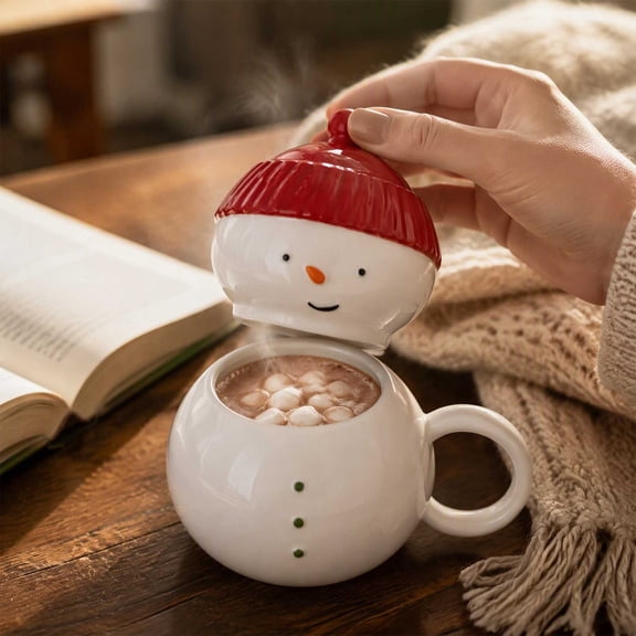 Dalang Christmas Snowman Ceramic Mug with Hat Lid, White Coffee Cup with Red Hat and Green Buttons for Home Office and Winter Drinks, 1PC