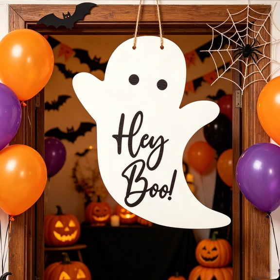 Dalang Halloween Ghost Door Hanger Style B Check Bow 15.7 Inch Plastic Sign for Front Porch Wall Farmhouse Decor