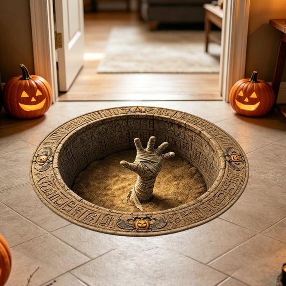 Dalang Khaki 24 Inch Halloween Optical Illusion Floor Mat with Ghost Skeleton Web Design, Non-Slip Entryway Carpet