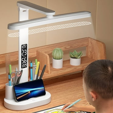 Dalang LED Desk Lamp with Pen/ Phone Holder Rechargeable Double Heads Study Desk Light Digital Clock Desk Lamp Night Light with 3 Color Modes Touch Control, 1pc