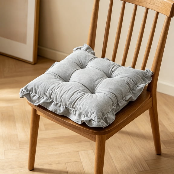 Dalang Ruffled Border Tufted Chair Cushion in Gray 15.7x15.7 Inch, Soft Thick Non-Slip Seat Pad for Dining Chair Kitchen Bedroom