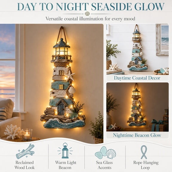 Dalang Vintage Lighthouse LED Wall Light, 2D Wooden Nautical Decor with Rope and Seashell Accents for Coastal Bedroom Hallway and Entryway