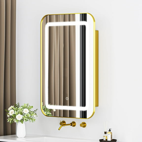 Dalattin Steel Bathroom Medicine Cabinet with LED Light Mirror,Recessed or Wall Mounted Storage Organizer,16x24",Gold