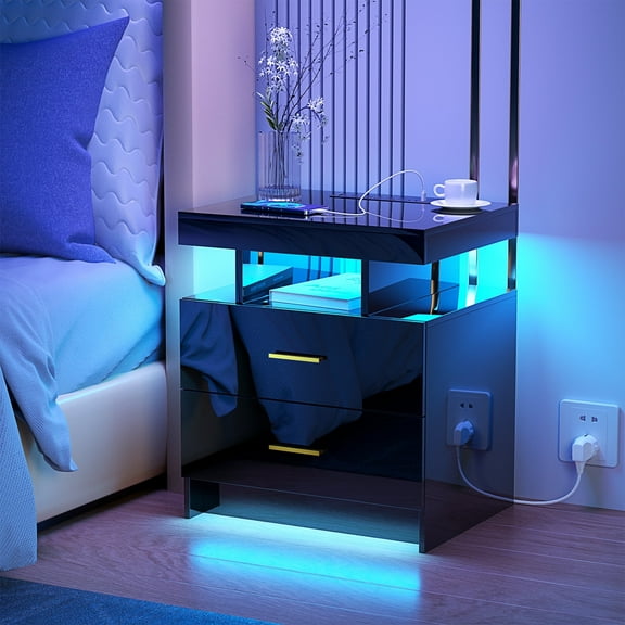 Dalattin LED Night Stand with Charger Station Type C USB Port, End Bedside Table for Bedroom, Black
