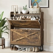 Dalattin Shoe Cabinet with 2 Flip Drawers, Narrow Shoe Storage Cabinet for Entryway, Brown
