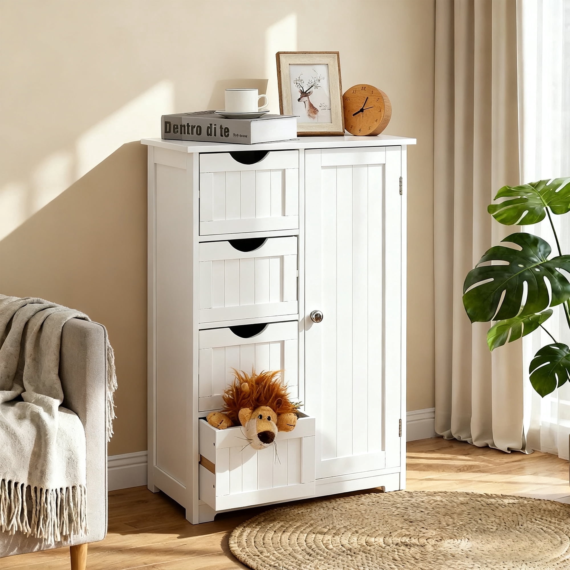 Dalattin Wooden Bathroom Cabinet, Floor Storage Cabinet with 4 Drawers 1 Cupboard & 2 Shelves
