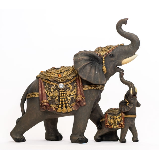 Dalax-Mama and Baby Decorative Elephants Statue Figurines Decor Trunk Facing Upwards Lucky ...