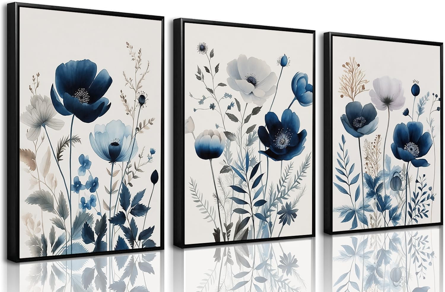 Dale 3 Navy Blue Wall Art Canvas Abstract Floral Painting Blue and Gray