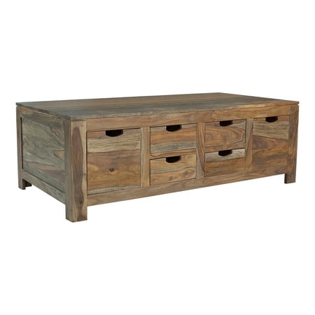 Dale 53 Inch Rustic Storage Coffee Table 6 Gliding Pull Out Drawers Brown
