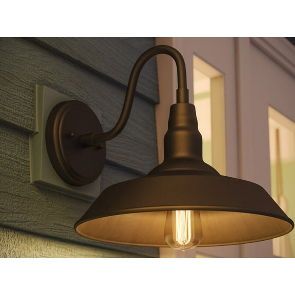 Kenroy Home Dale 14'' Outdoor 1-Light Wall Sconce Light Fixture with Black Metal Round Shade for Front Door, Patio, or Porch, Black
