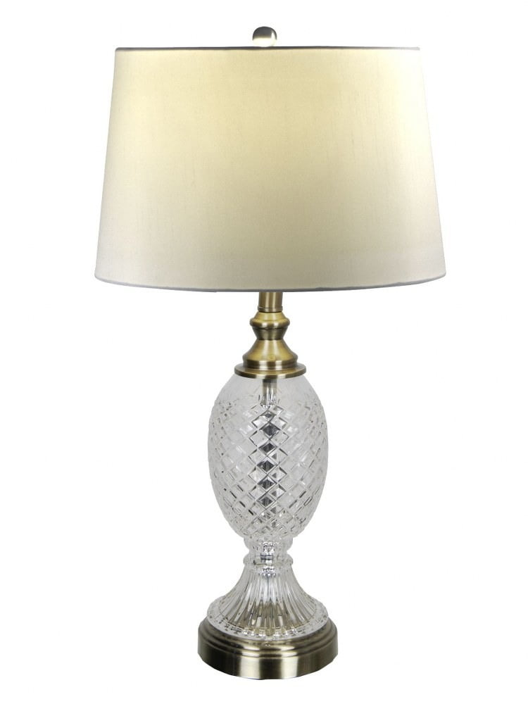 Antique Brass and Crystal Table Lamp with Natural Fabric Shade