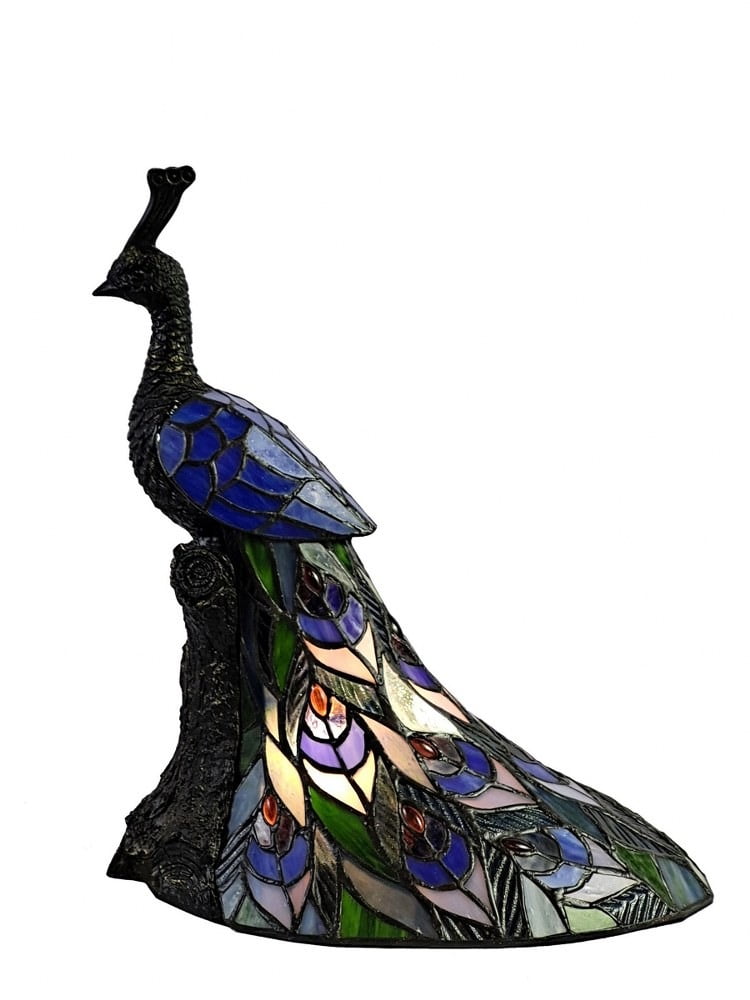 Galana Blue Peacock Stained Glass Accent Lamp with Bronze Base