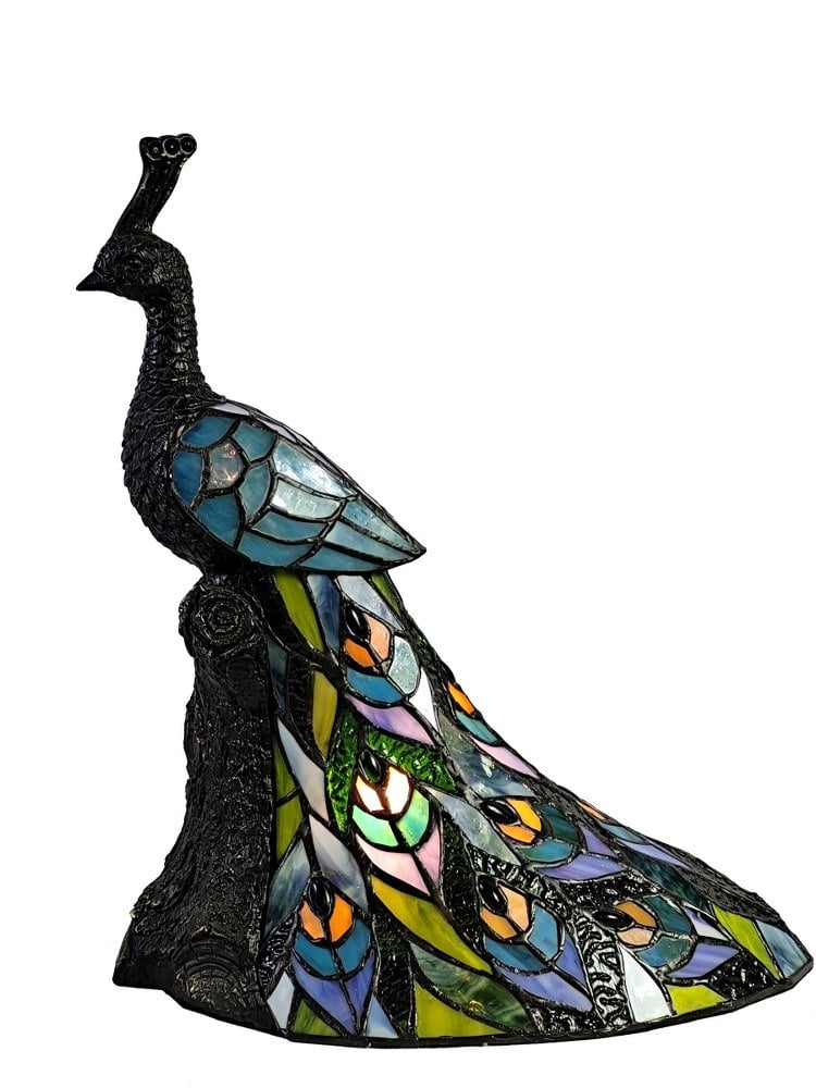 Turquoise Peacock Bronze Finish Tiffany Accent Lamp with Multicolor Glass Shade