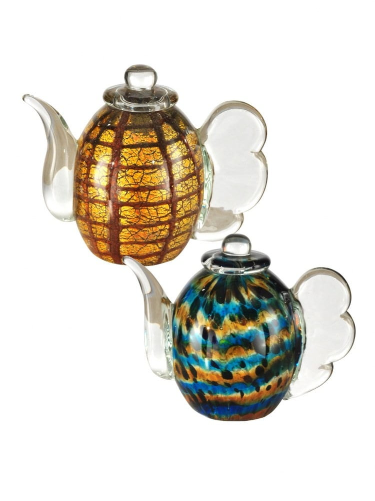 dale tiffany 2-piece inferno hand blown art glass tea pot sculpture amber
