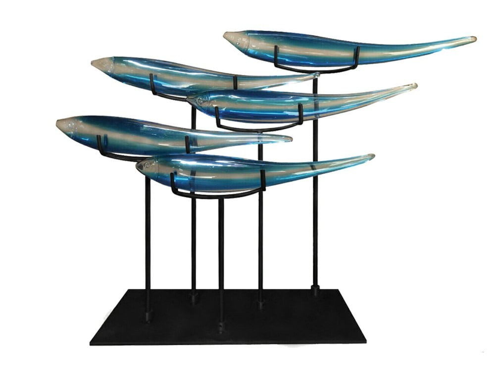 Handcrafted Blue Glass Fish Sculpture on Black Metal Base