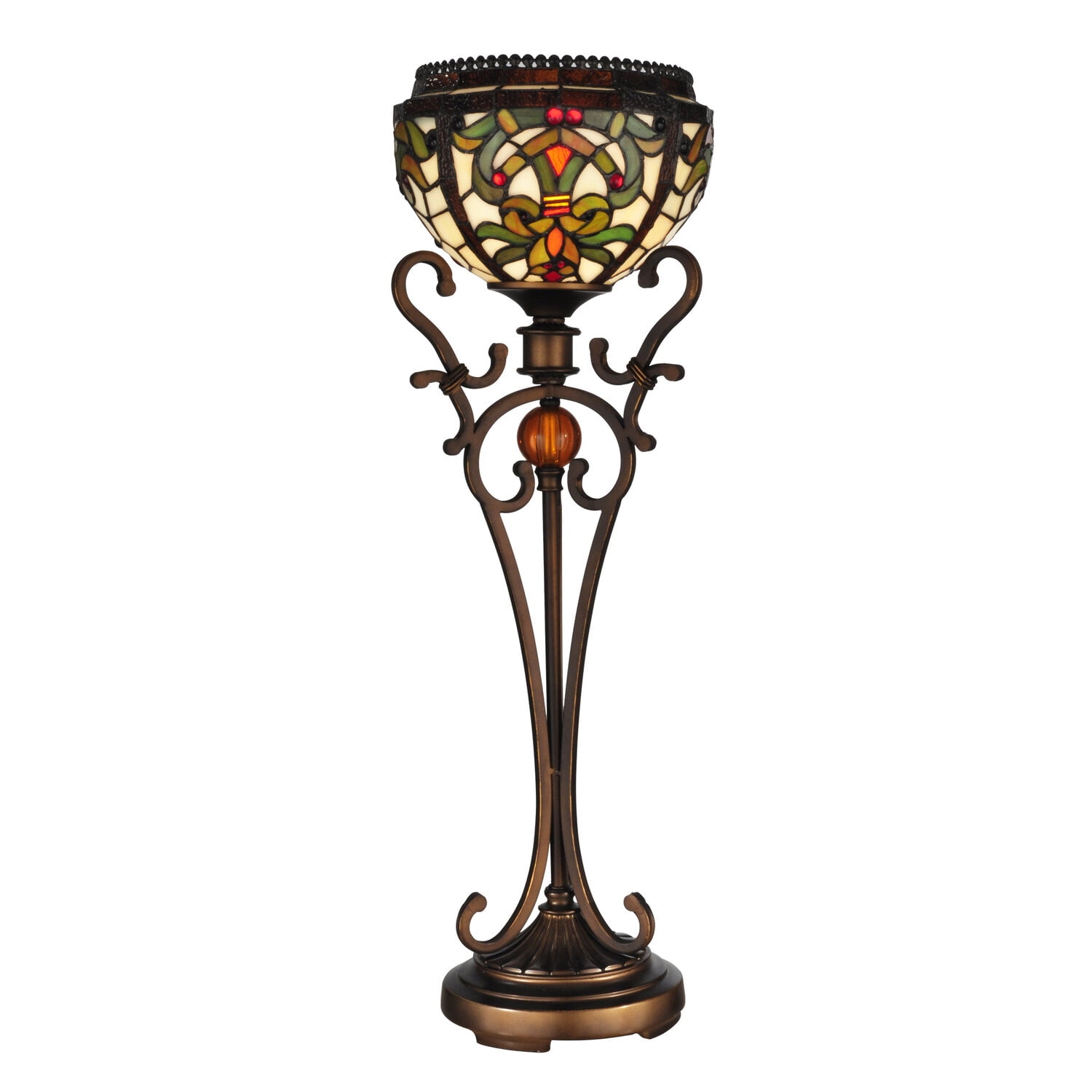 Antique Bronze Buffet Lamp with Multicolor Stained Glass Shade