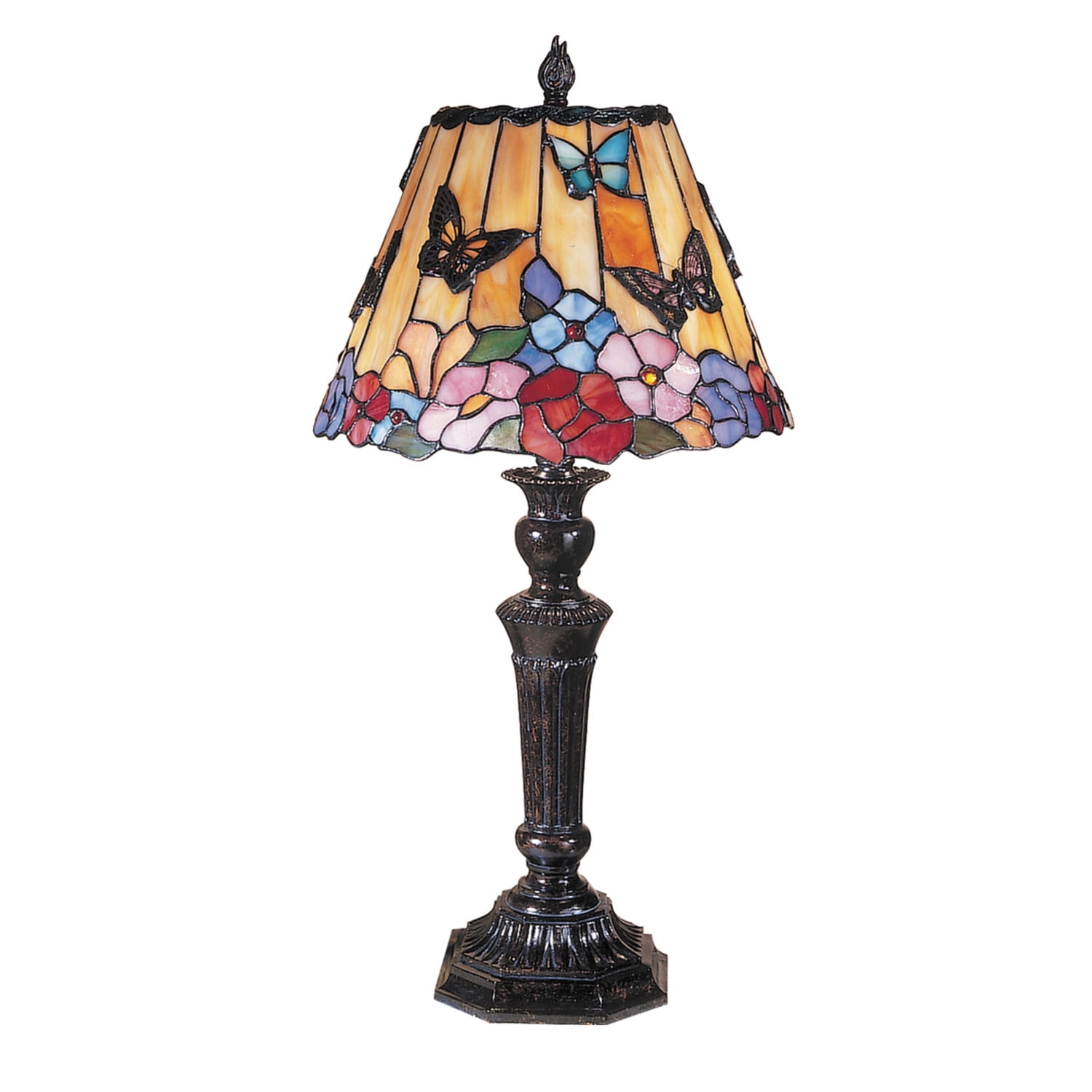 Bronze Stained Glass Table Lamp with Butterfly and Peony Design