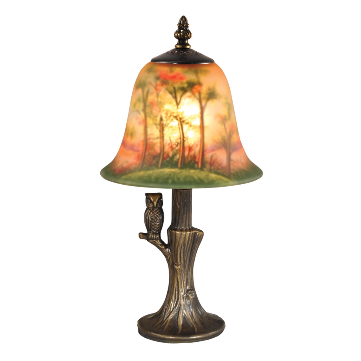 Antique Brass Hand Painted Stained Glass Owl Accent Lamp