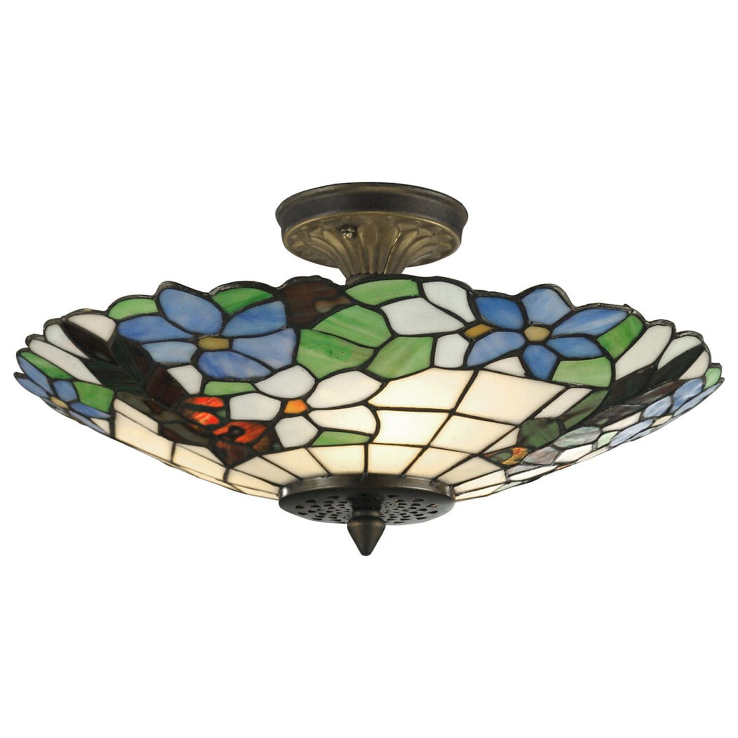 Antique Brass and Multicolor Glass Floral Semi Flush Mount Light