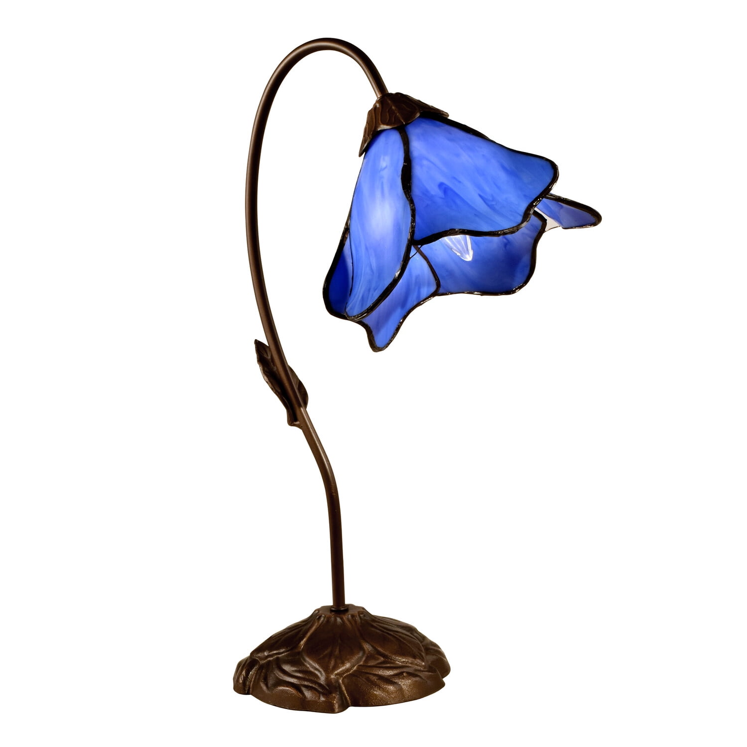 Blue Stained Glass Lily Table Lamp with Bronze Base