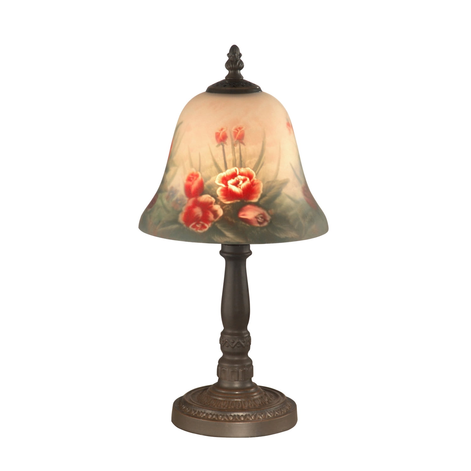 Antique Bronze Bell Accent Lamp with Hand-Painted Floral Shade