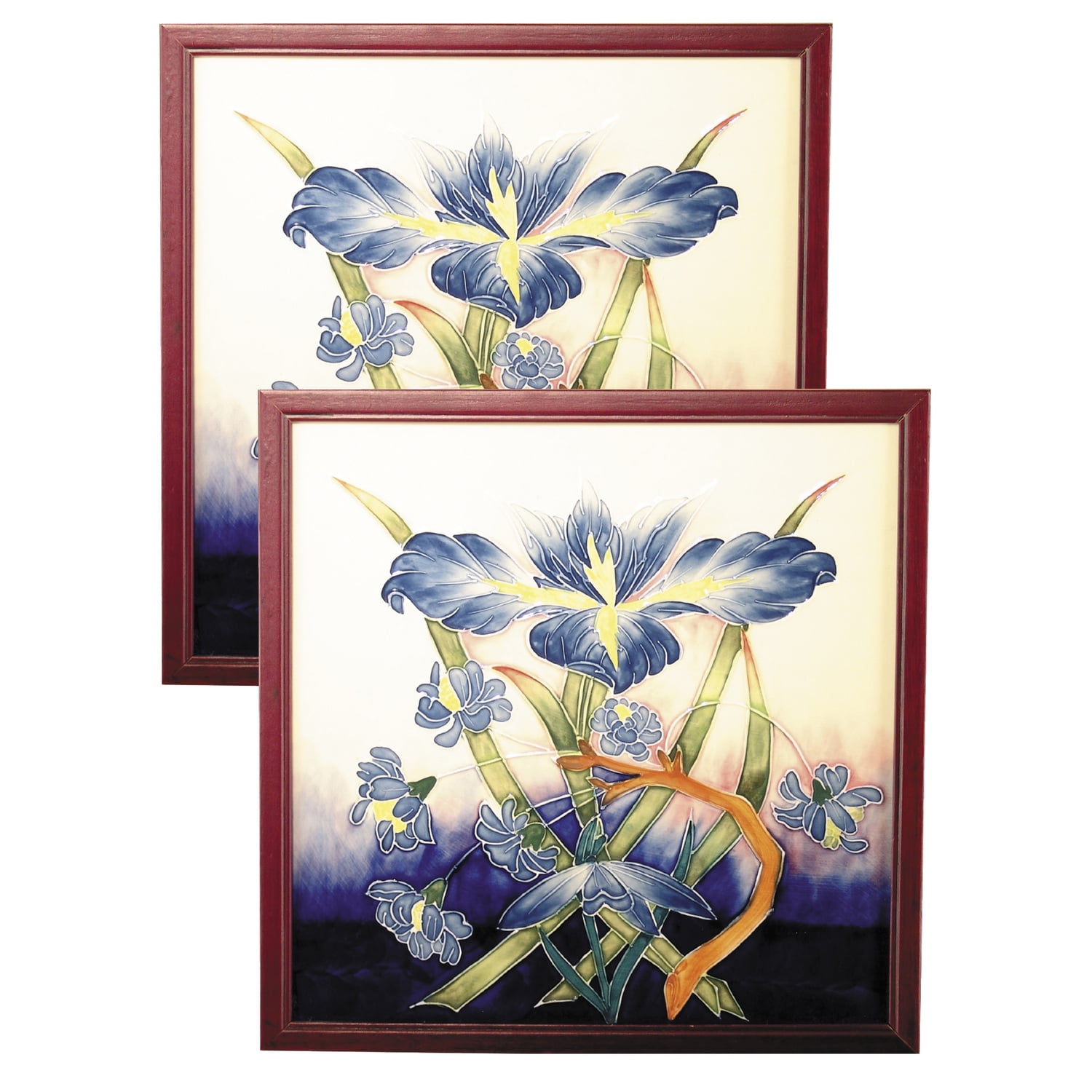 Hand Painted Blue Iris Porcelain Wall Art Set with Wooden Frames