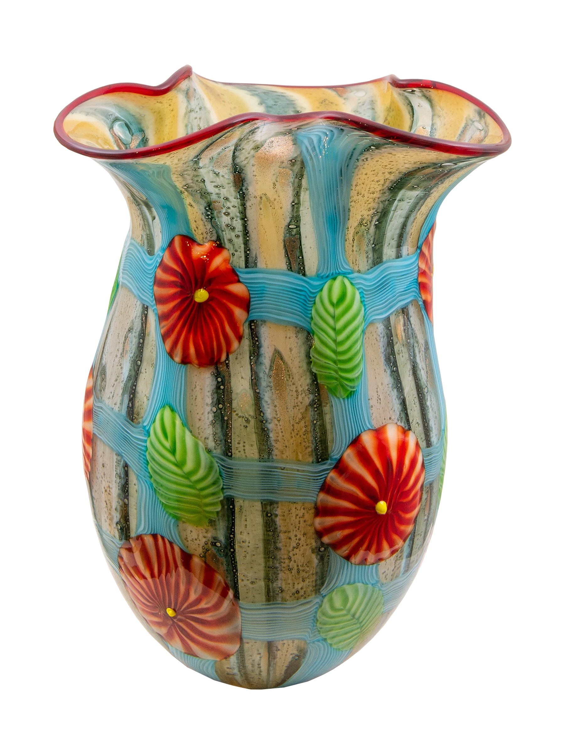 Multicolor Hand Blown Ceramic Vase with Floral Design